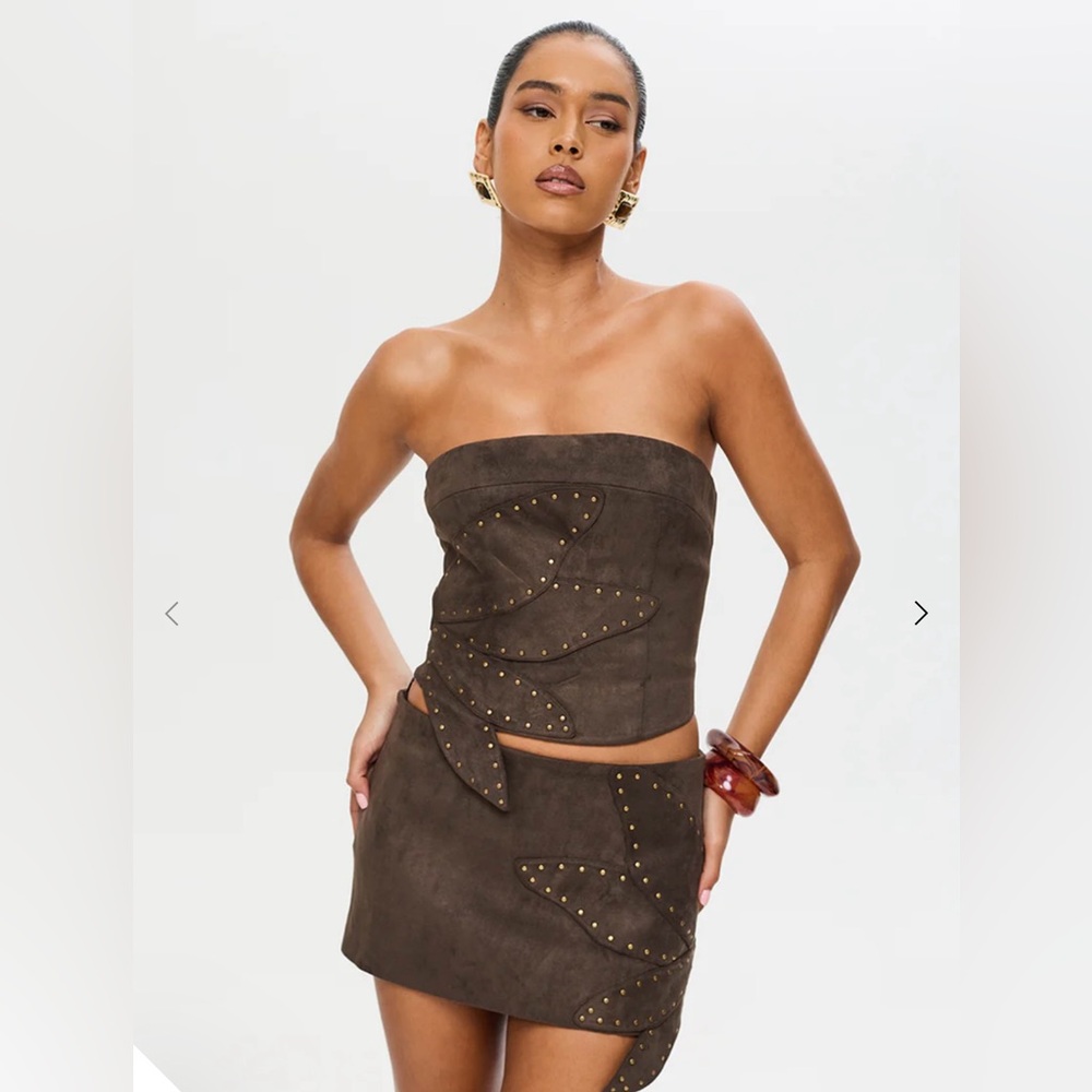 MURCI Brown Skirt Set with Leaf Design